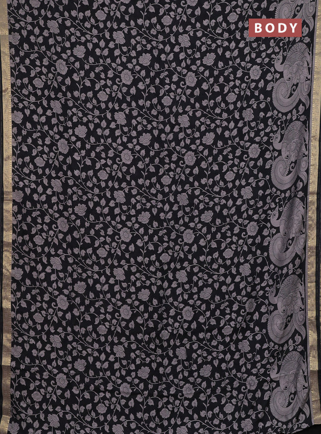 Muslin silk saree black and pastel brown with allover kalamkari prints and zari woven border