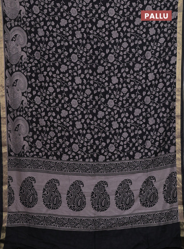 Muslin silk saree black and pastel brown with allover kalamkari prints and zari woven border
