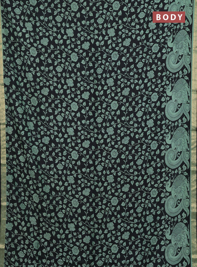 Muslin silk saree black and pastel green with allover kalamkari prints and zari woven border