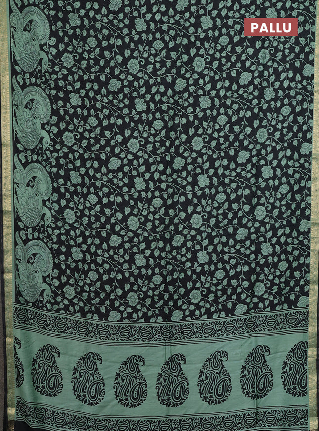 Muslin silk saree black and pastel green with allover kalamkari prints and zari woven border