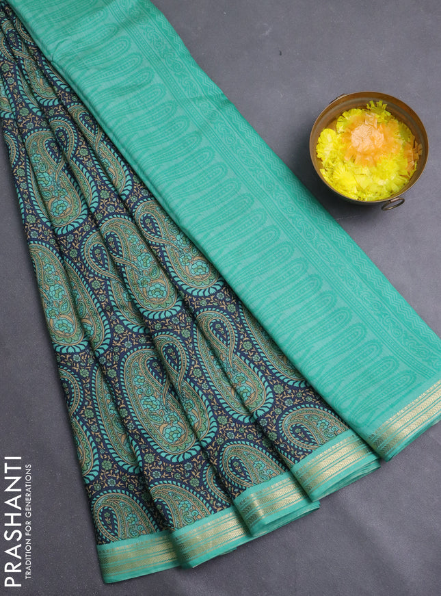 Muslin silk saree dark grey and teal green with allover paisley prints and zari woven border