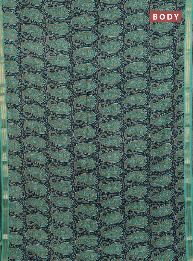 Muslin silk saree dark grey and teal green with allover paisley prints and zari woven border