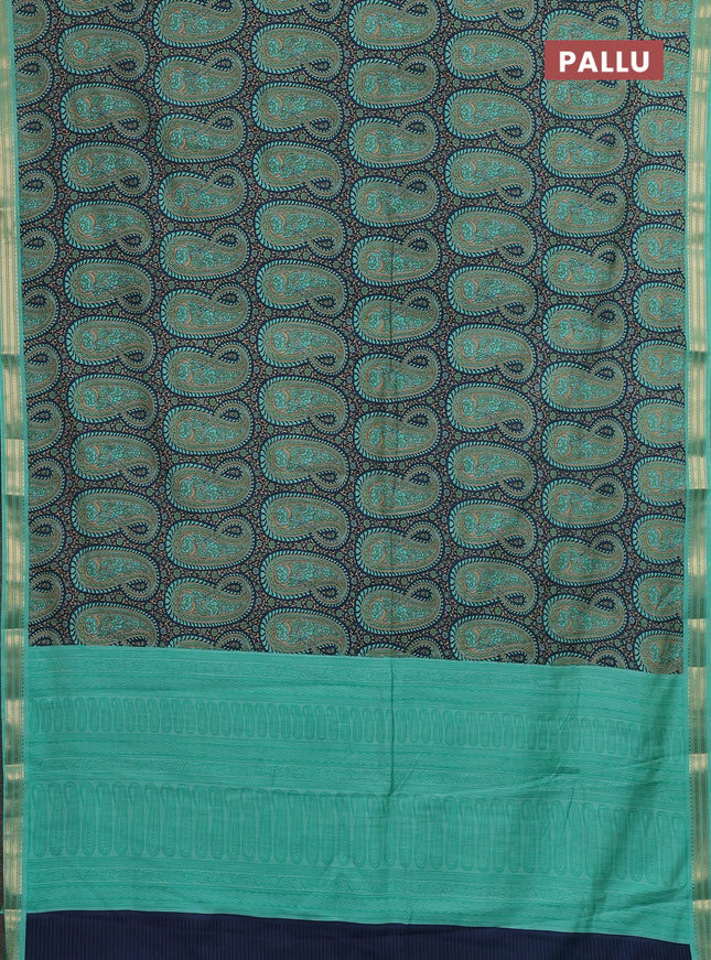 Muslin silk saree dark grey and teal green with allover paisley prints and zari woven border