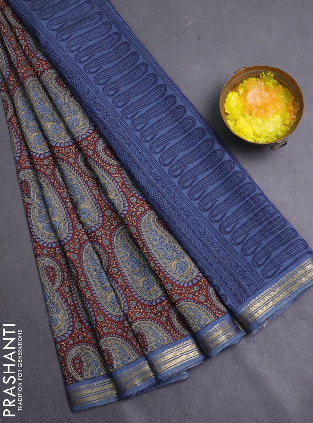Muslin silk saree maroon and bluish grey with allover paisley prints and zari woven border