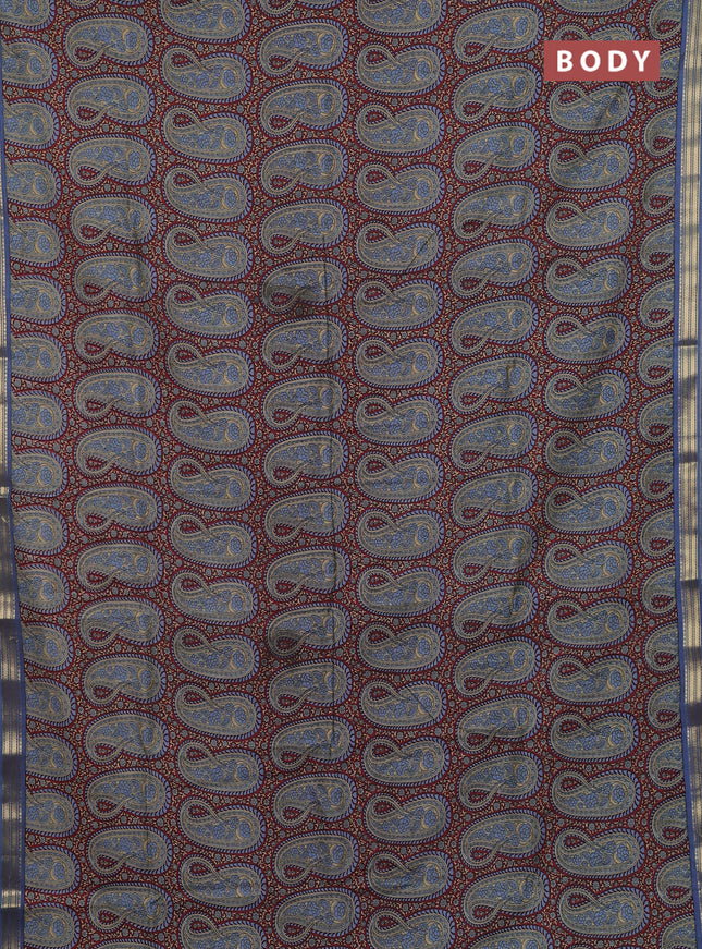 Muslin silk saree maroon and bluish grey with allover paisley prints and zari woven border