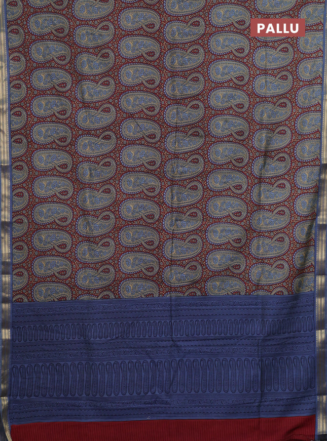 Muslin silk saree maroon and bluish grey with allover paisley prints and zari woven border