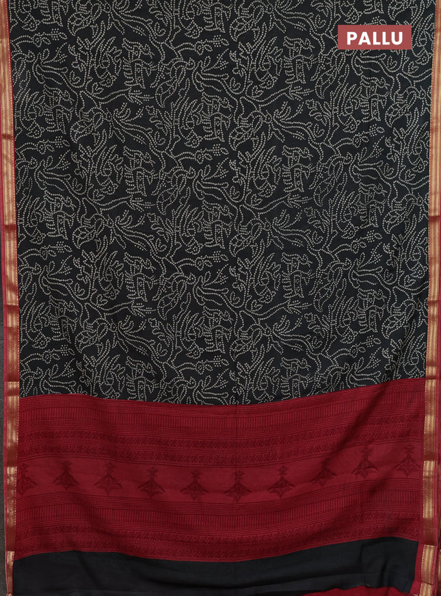 Muslin silk saree black and maroon with allover bandhani prints and zari woven border