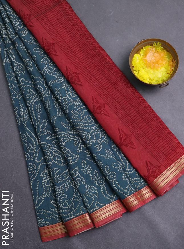 Muslin silk saree peacock green and maroon with allover bandhani prints and zari woven border
