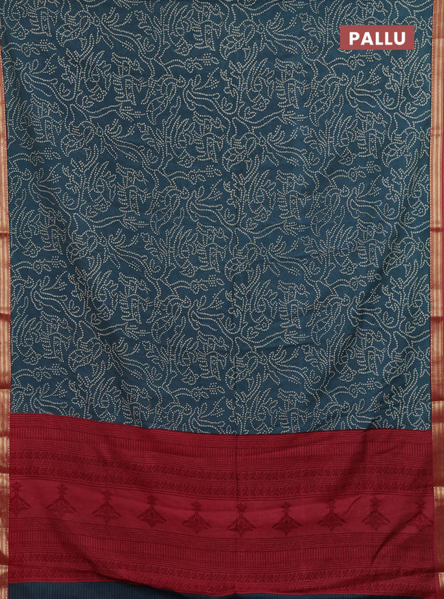 Muslin silk saree peacock green and maroon with allover bandhani prints and zari woven border