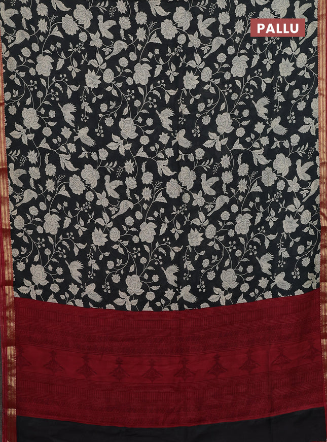 Muslin silk saree black and maroon with allover prints and zari woven border