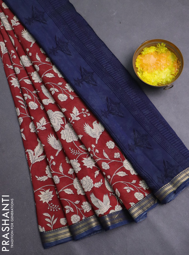 Muslin silk saree maroon and blue with allover prints and zari woven border