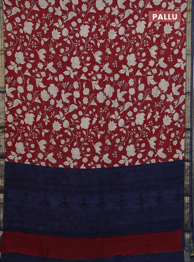Muslin silk saree maroon and blue with allover prints and zari woven border