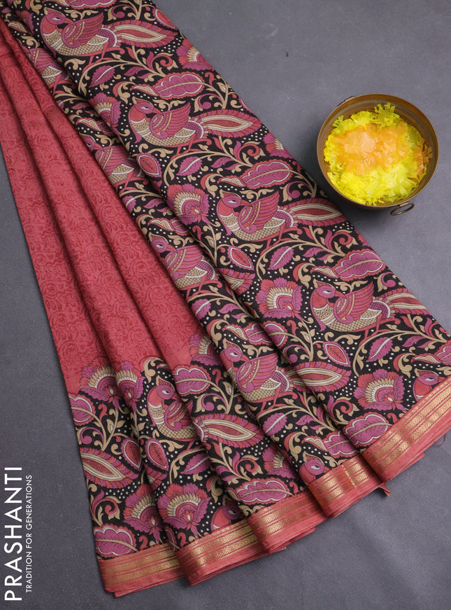Muslin silk saree pastel maroon and black with allover prints and long kalamkari printed zari border