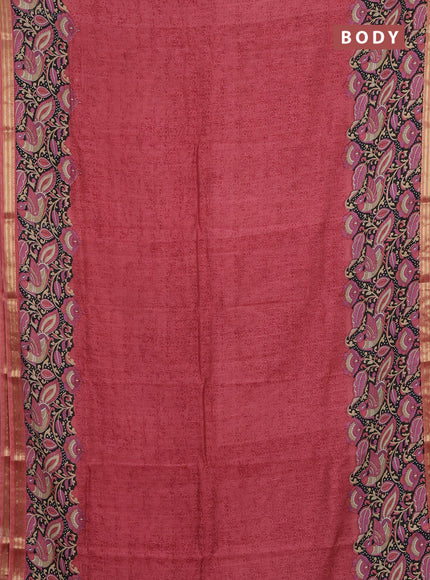Muslin silk saree pastel maroon and black with allover prints and long kalamkari printed zari border
