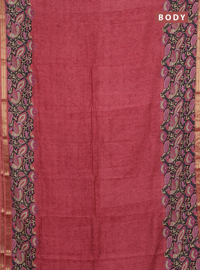 Muslin silk saree pastel maroon and black with allover prints and long kalamkari printed zari border