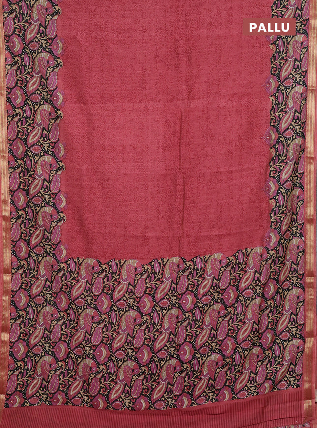 Muslin silk saree pastel maroon and black with allover prints and long kalamkari printed zari border