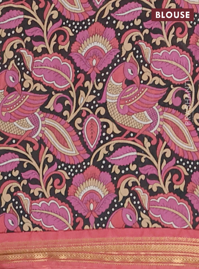 Muslin silk saree pastel maroon and black with allover prints and long kalamkari printed zari border