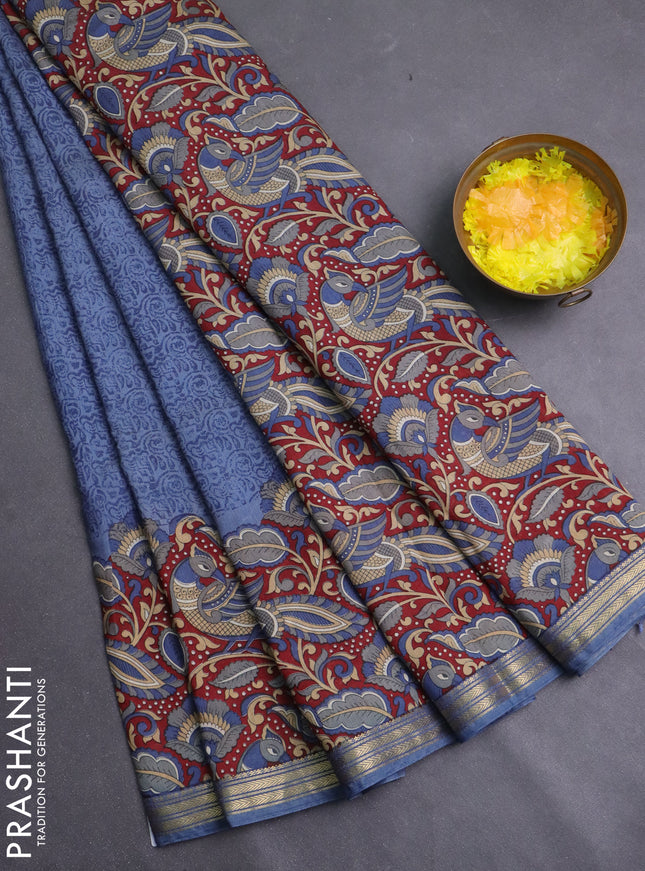 Muslin silk saree greyish blue and maroon with allover prints and long kalamkari printed zari border