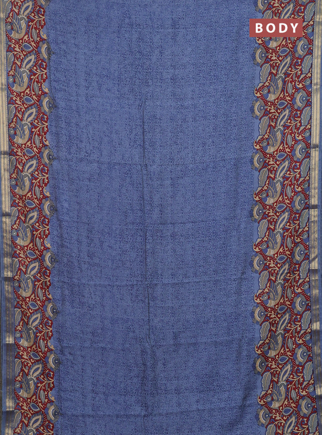 Muslin silk saree greyish blue and maroon with allover prints and long kalamkari printed zari border
