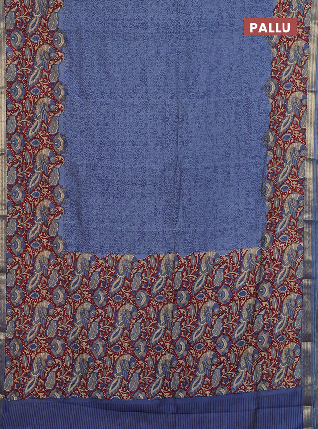 Muslin silk saree greyish blue and maroon with allover prints and long kalamkari printed zari border