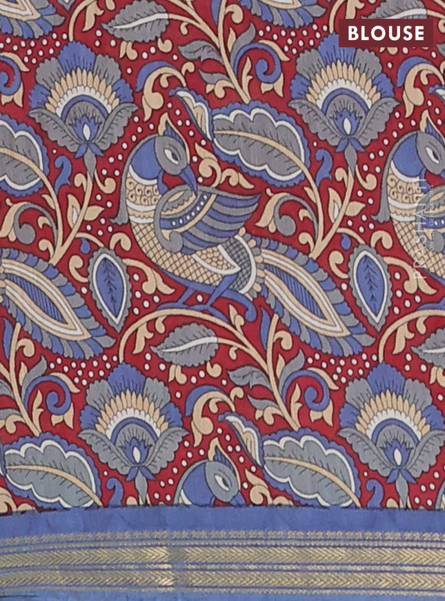 Muslin silk saree greyish blue and maroon with allover prints and long kalamkari printed zari border