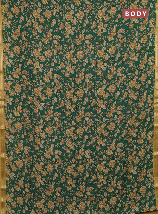 Muslin silk saree green and mustard yellow with allover floral prints and zari woven border