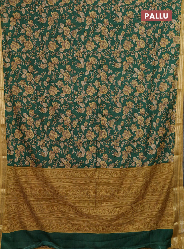Muslin silk saree green and mustard yellow with allover floral prints and zari woven border