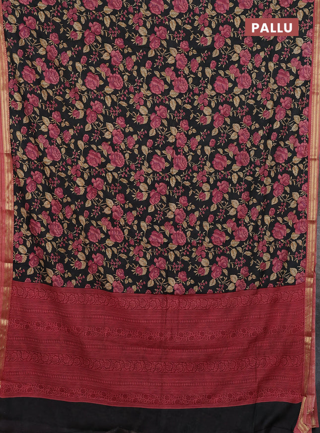 Muslin silk saree black and peach shade with allover floral prints and zari woven border