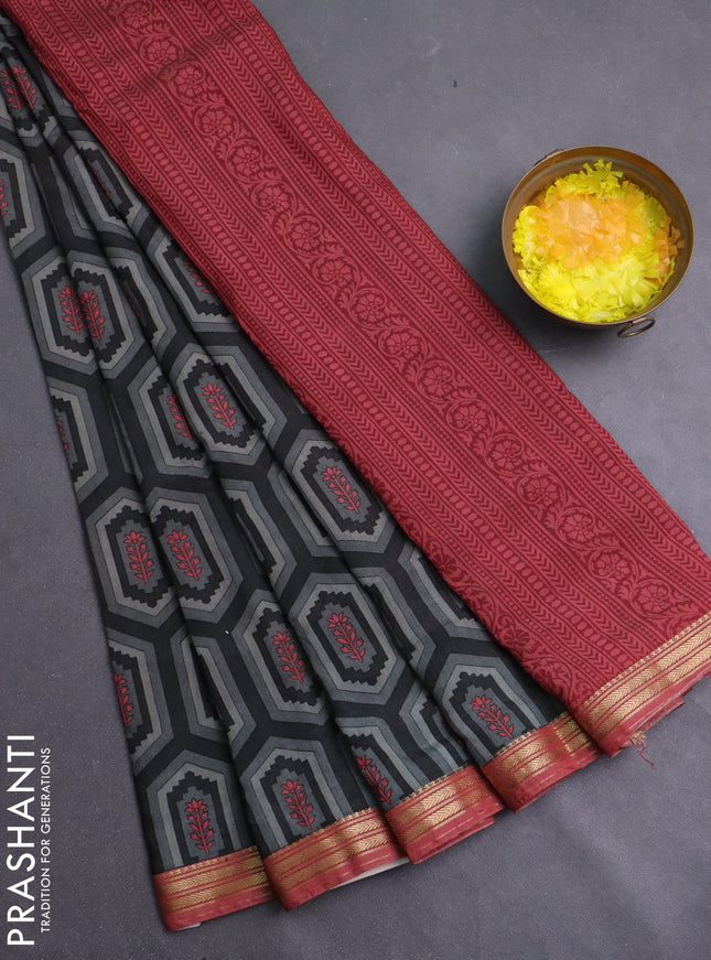 Muslin silk saree grey and pastel maroon with allover geometric prints and zari woven border