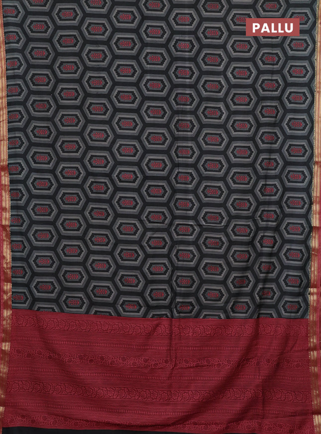 Muslin silk saree grey and pastel maroon with allover geometric prints and zari woven border
