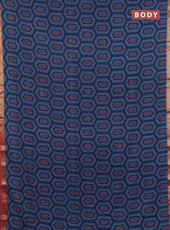 Muslin silk saree bluish grey and dark peach with allover geometric prints and zari woven border