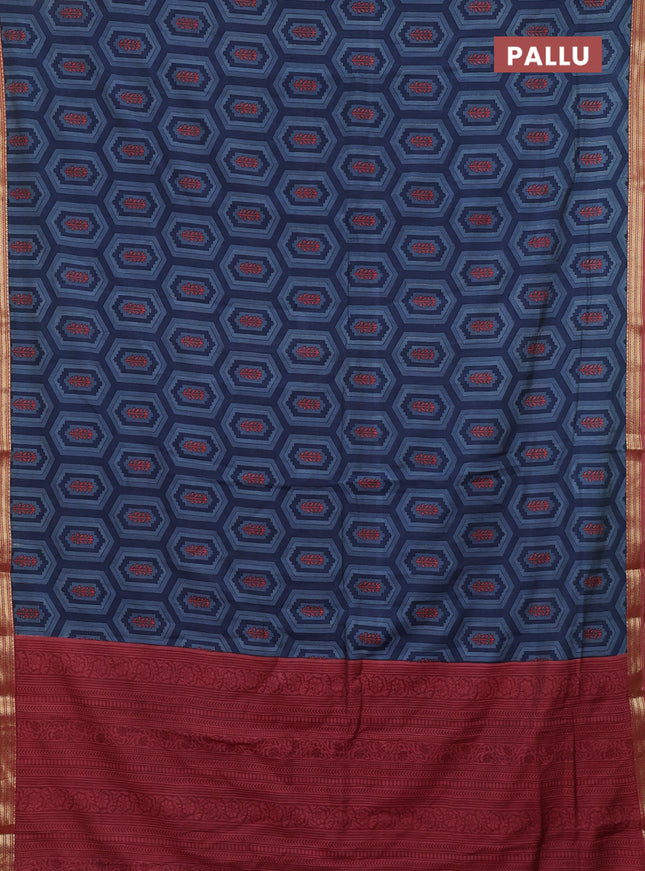 Muslin silk saree bluish grey and dark peach with allover geometric prints and zari woven border