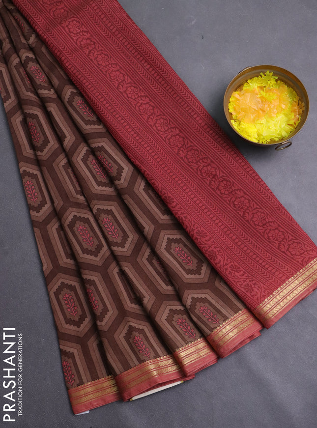Muslin silk saree brown and dark peach with allover geometric prints and zari woven border