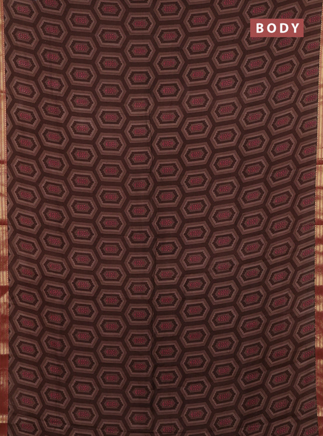 Muslin silk saree brown and dark peach with allover geometric prints and zari woven border