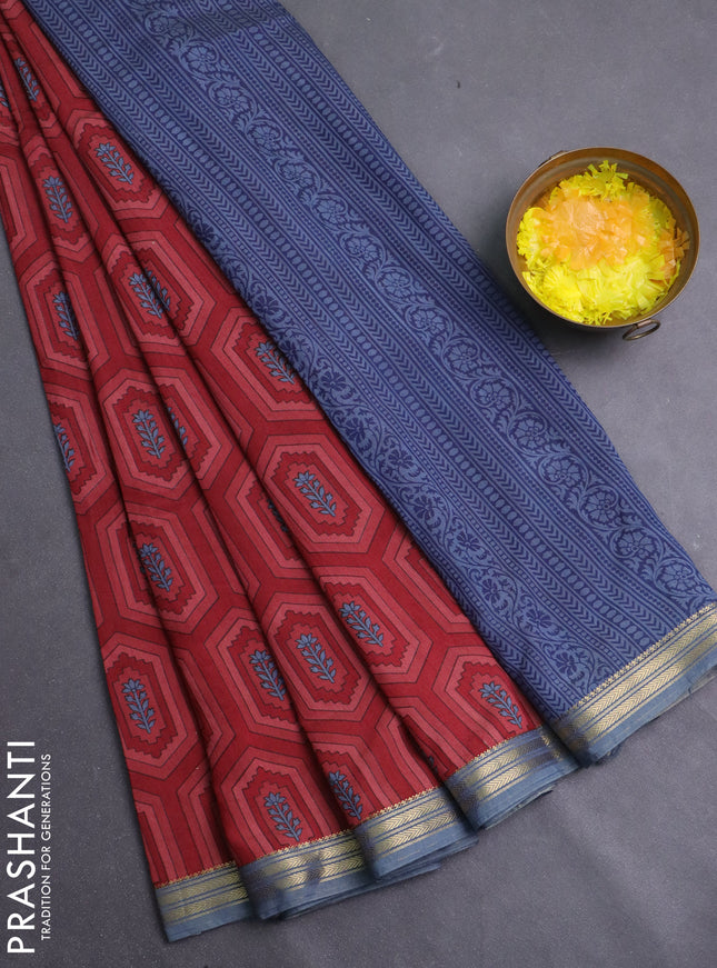 Muslin silk saree maroon and greyish blue with allover geometric prints and zari woven border