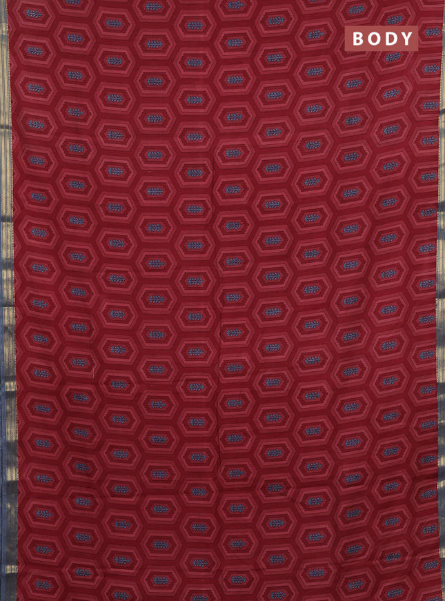 Muslin silk saree maroon and greyish blue with allover geometric prints and zari woven border