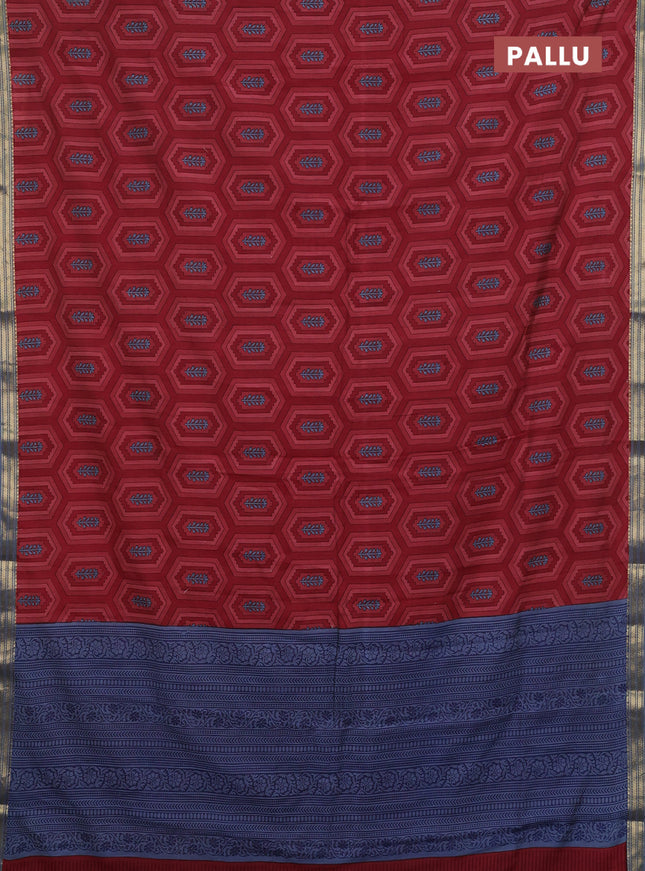 Muslin silk saree maroon and greyish blue with allover geometric prints and zari woven border