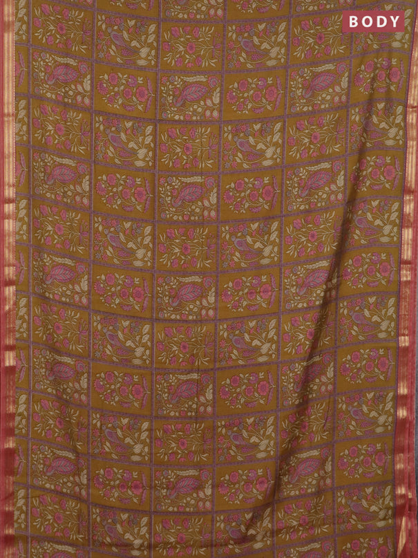 Muslin silk saree dark mustard and dark peach with allover prints and zari woven border