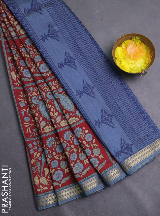 Muslin silk saree maroon and bluish grey with allover prints and zari woven border