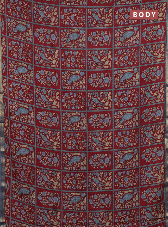 Muslin silk saree maroon and bluish grey with allover prints and zari woven border