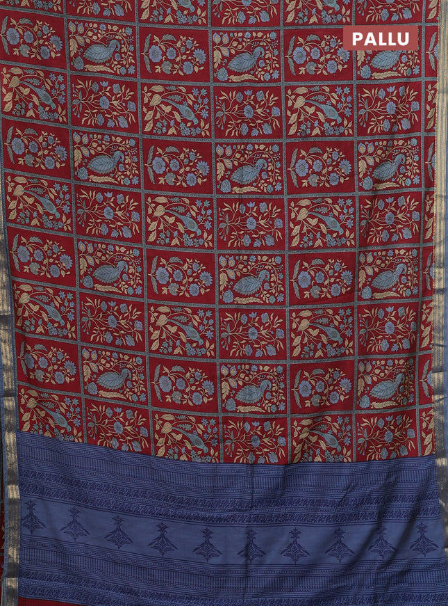 Muslin silk saree maroon and bluish grey with allover prints and zari woven border