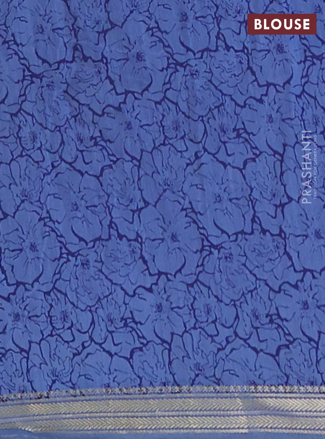 Muslin silk saree dark pink and blue shade with allover peacock prints and zari woven border