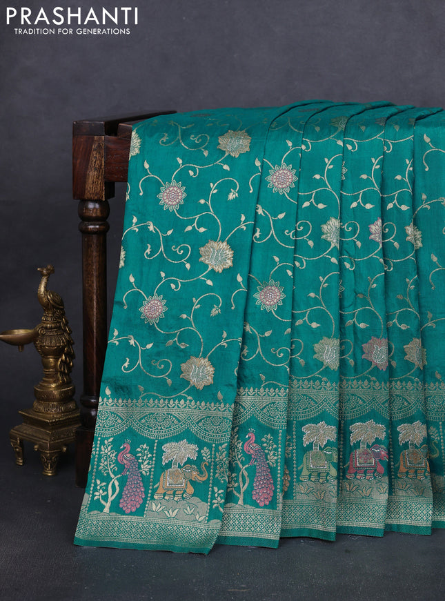 Banarasi semi raw silk saree teal blue with allover floarl zari weaves and thread & zari woven border