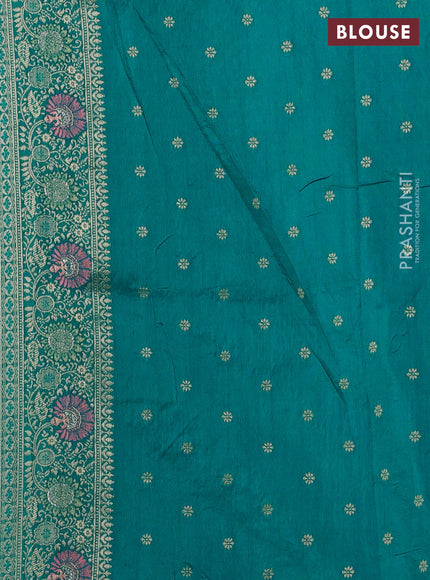 Banarasi semi raw silk saree teal blue with allover floarl zari weaves and thread & zari woven border