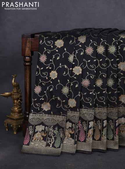 Banarasi semi raw silk saree black with allover floarl zari weaves and thread & zari woven border
