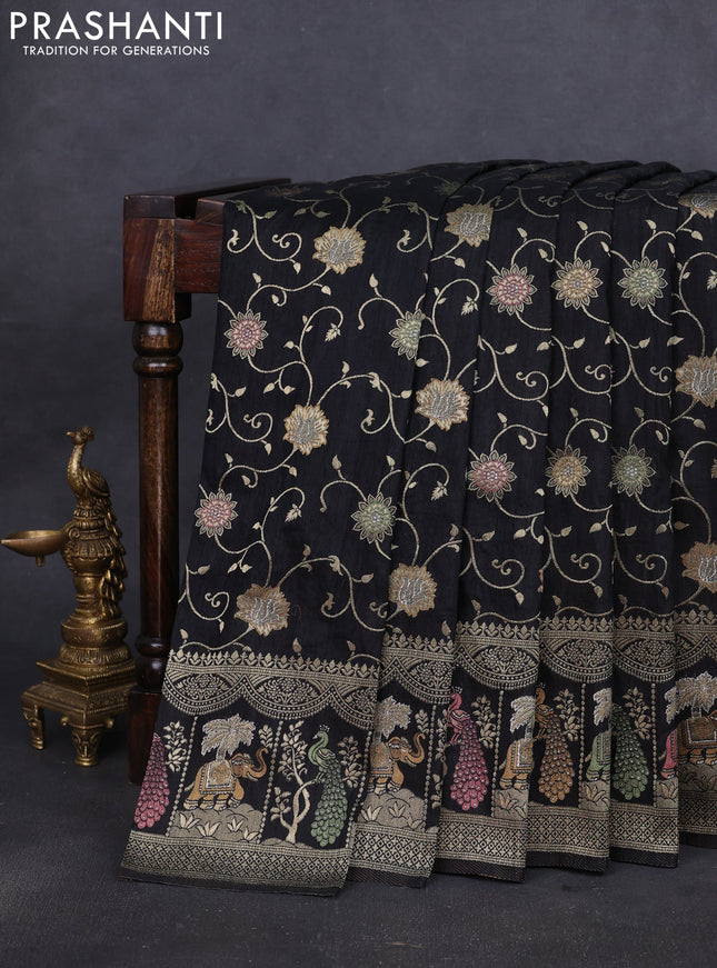 Banarasi semi raw silk saree black with allover floarl zari weaves and thread & zari woven border
