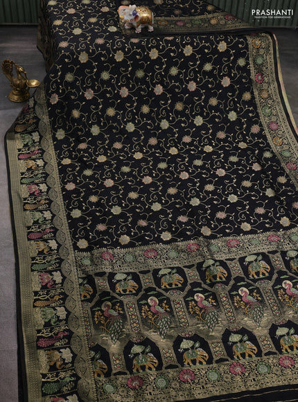 Banarasi semi raw silk saree black with allover floarl zari weaves and thread & zari woven border
