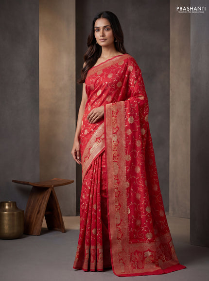 Banarasi semi raw silk saree red with allover floarl zari weaves and thread & zari woven border