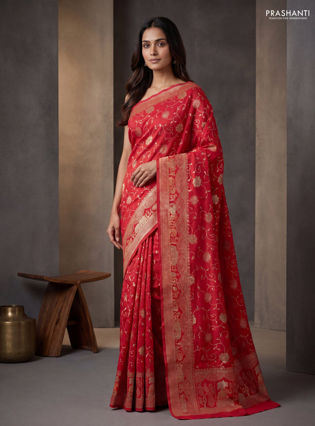 Banarasi semi raw silk saree red with allover floarl zari weaves and thread & zari woven border