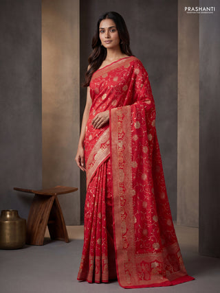Banarasi semi raw silk saree red with allover floarl zari weaves and thread & zari woven border